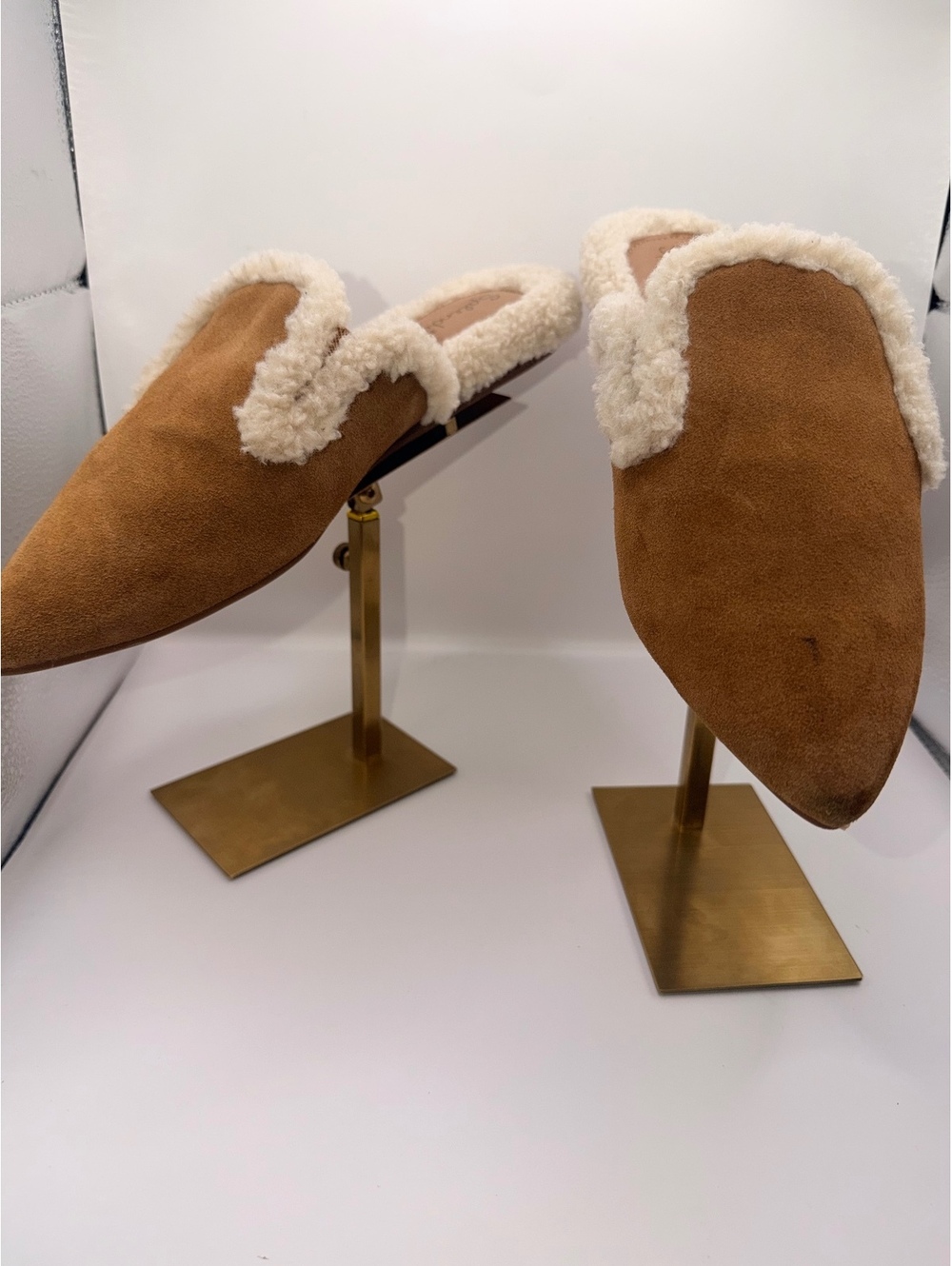 Splendid brown suede shearling trim pointed toe mule slippers